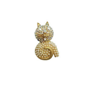 Hollycraft Aurora Borealis Rhinestone Pearl Gold Tone Whisker Cat Pin Vintage